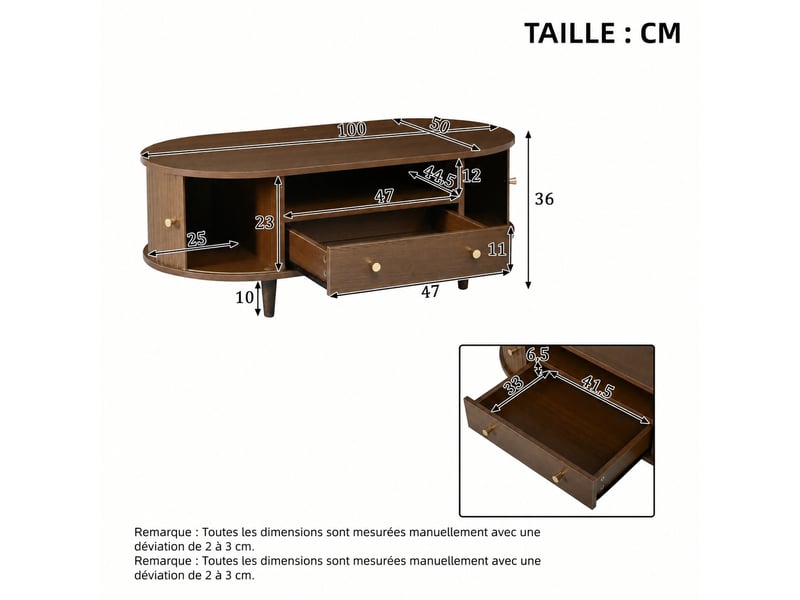  Table basse ovale avec rangement, mdf et placage noyer, 100 x 50 x 36 cm  - Conforama C