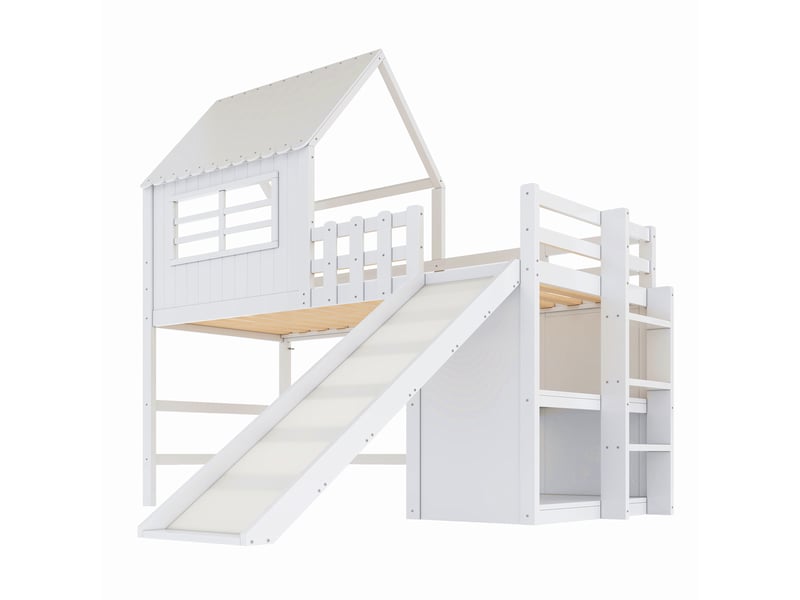  Lit superposé enfant cabane 90x200 - échelle sécurité - toboggan prolongé - étagères multifonctionnelles - certifié en747 208x219x219cm - Conforama R