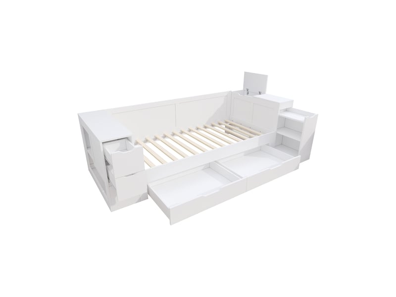 Lit enfant, banquette-lit, 90 x 200 cm, lit simple, lit enfant multifonctionnel avec tiroirs, étagères et espace de rangement, avec table de chevet, sans matelas, blanc  - Conforama E