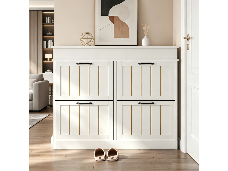  Meuble à chaussures 105x24x83 cm à 4 portes abattantes, rangements modulables en mdf blanc  - Conforama B