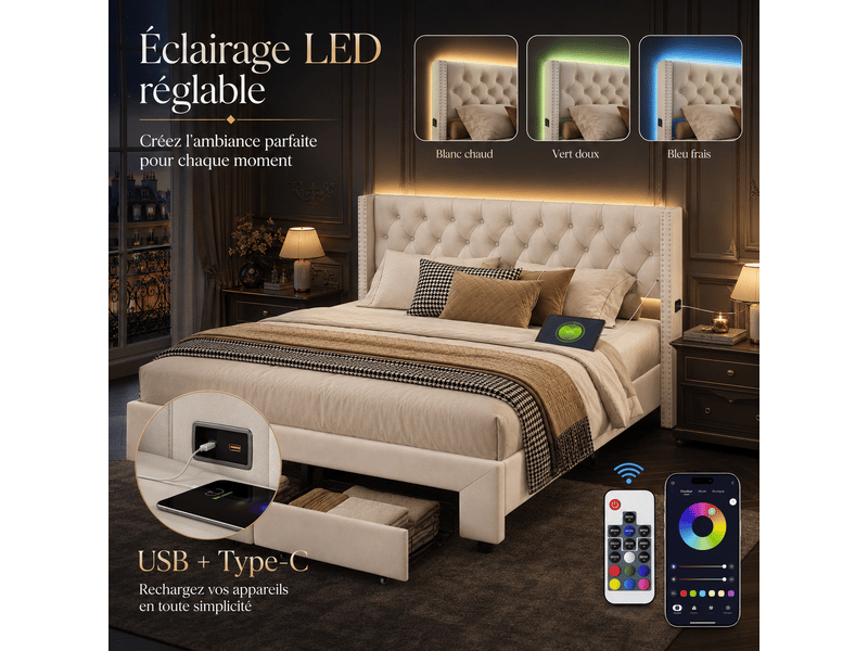  Lit coffre double avec 2 tiroirs - 140x190 cm - lit capitonné complet avec éclairage led et charge usb - sommier à lattes - 2 places2 personnes - tissu en velours  - tiroir de lit - chambre adulteadolescentenfant - cadre de lit …  - Conforama B