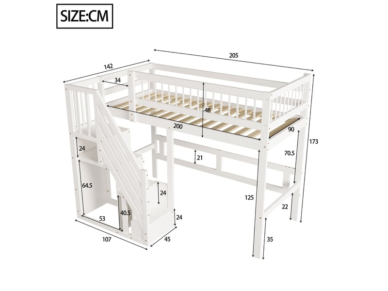  Lit mezzanine en bois massif avec escalier de rangement, lit enfant 90x200 blanc, cadre robuste et sécurisé pour chambre ado  - Conforama R