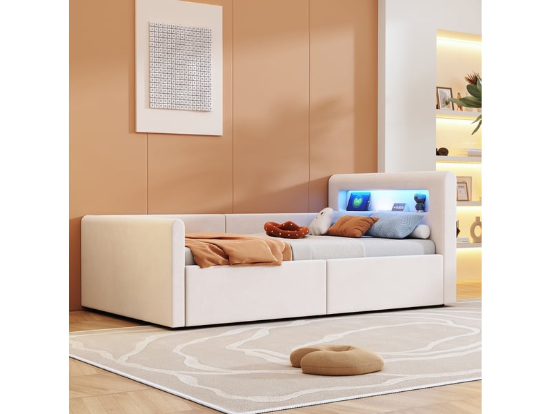  Lit coffre enfant 90x200 cm avec led et usb beige  - Conforama E