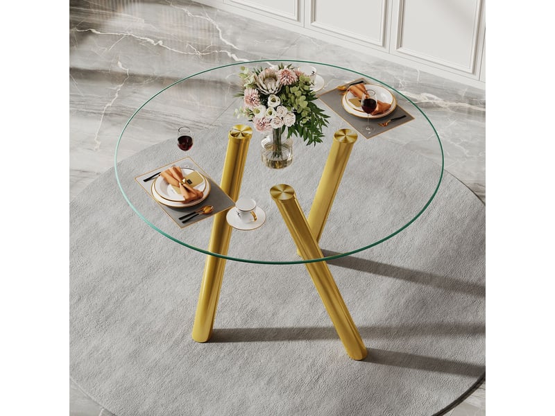  Table à manger 89 cm verre trempé table de salle à manger plateau rond pieds en métal doré robustes  - Conforama A