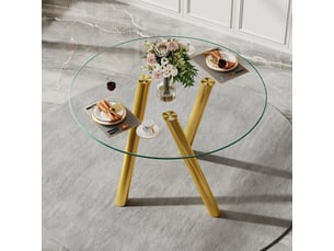 Table à manger 89 cm verre trempé table de salle à manger plateau rond pieds en métal doré robustes