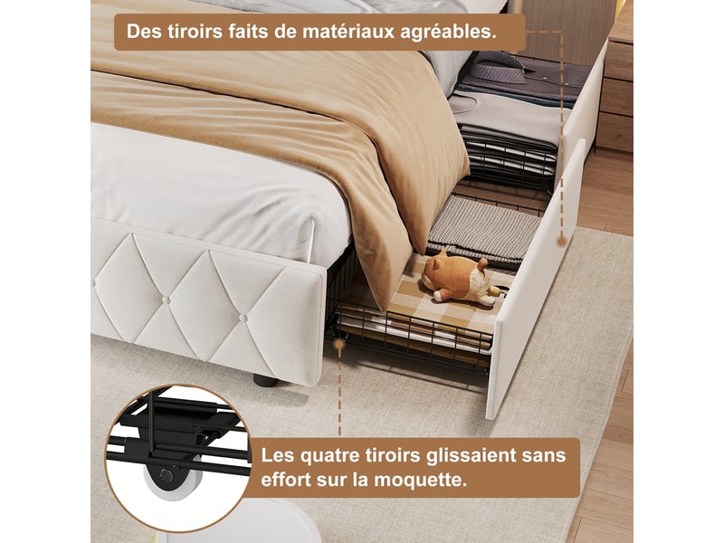  Lit coffre 160x200 cm, tête de lit led, coloris beige  - Conforama E
