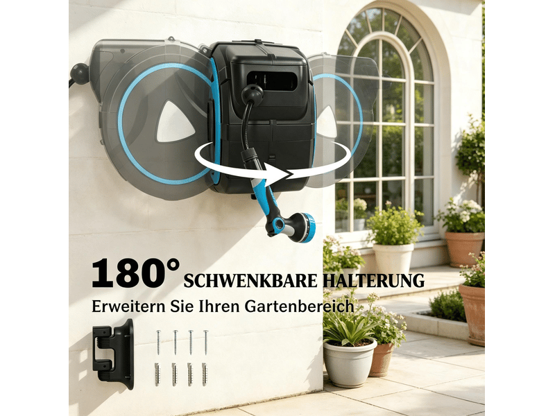  Dévidoir automatique mural 55 x 31 x 50 cm bleu en pvc, tuyau 23 m et pistolet d'arrosage 10 modes  - Conforama E