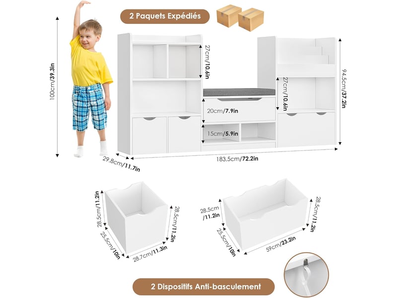  Meuble rangement enfant 183.5cm bibliothèque enfant avec banc 11 étagères 3 tiroirs roulants rangement jouet 183.5x29.8 x94.5 cm  - Conforama C