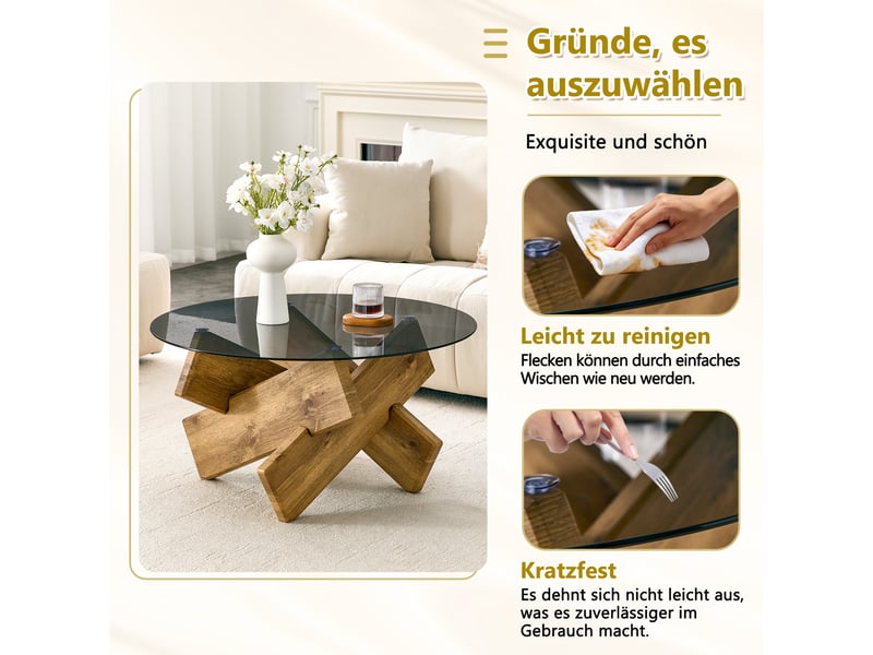  Table basse ronde en verre trempé avec piètement géométrique en mdf plateau résistant aux rayures pour salon bois  - Conforama E