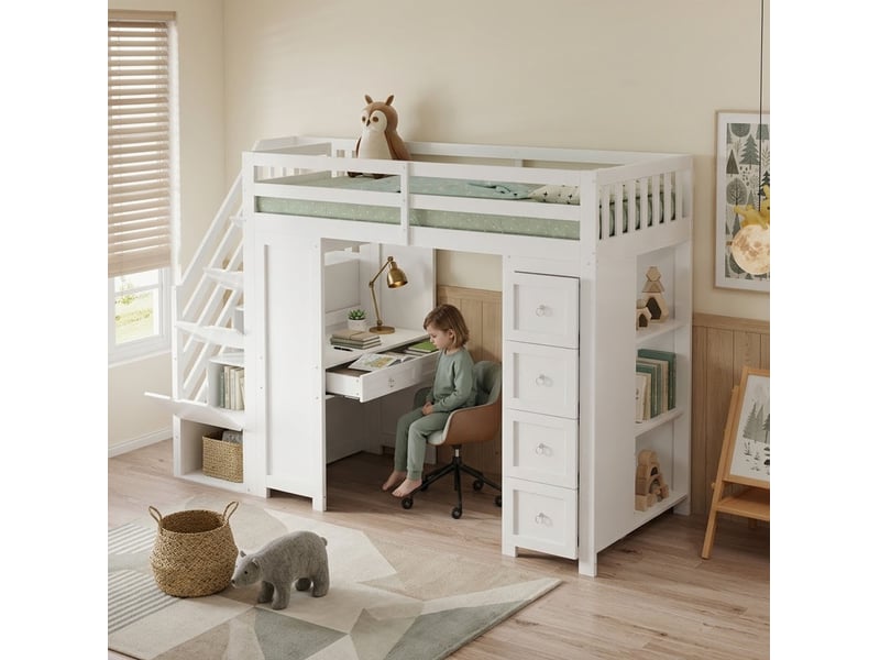  Lit mezzanine enfant 90x200 cm avec bureau, rangements et escalier blanc  - Conforama E