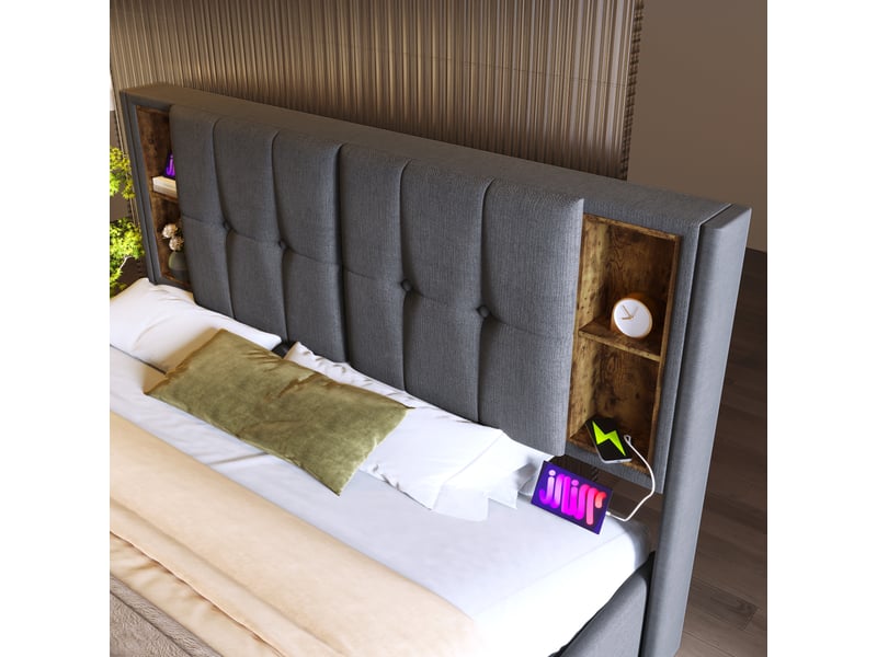  Lit coffre 160x200cm, 2 chevets, prend en charge la recharge sans fil usb-c, incluant un matelas, coton, gris  - Conforama E