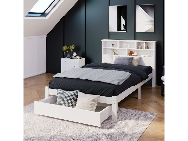 Lit avec rangement 90x200 cm - lit simple avec tête de lit et rangement - mdf - sans matelas - blanc - Conforama B