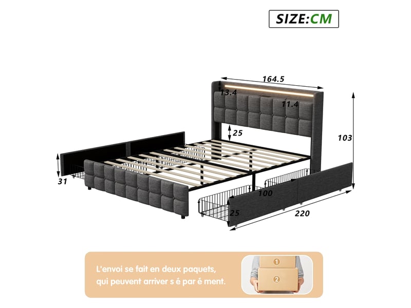  Lit 160x200cm - lit double rembourré 160x200cm queen size - led rgb usb prises et 4 tiroirs de rangement - design lin - gris  - Conforama E