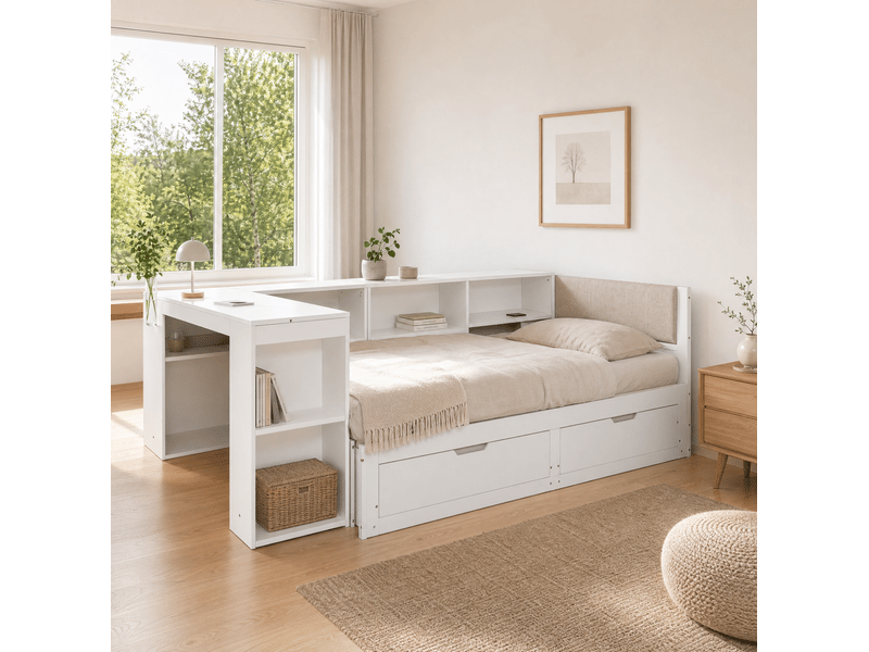  Lit multifonction 3 en 1 modenvie 180 x 200 cm avec bureau et rangement blanc mat  - Conforama E