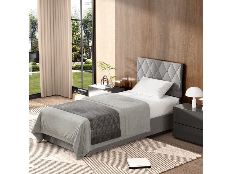  Lit enfant coffre 90x190 cm, tête de lit réglable, sommier à lattes, velours gris, sans matelas  - Conforama B