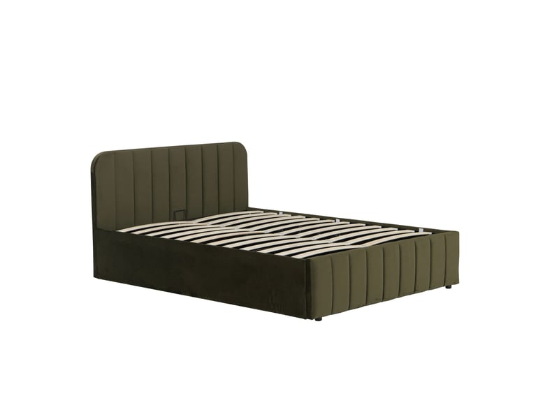  Lit coffre en velours avec tête de lit rembourrée kaki 160x200  - Conforama C