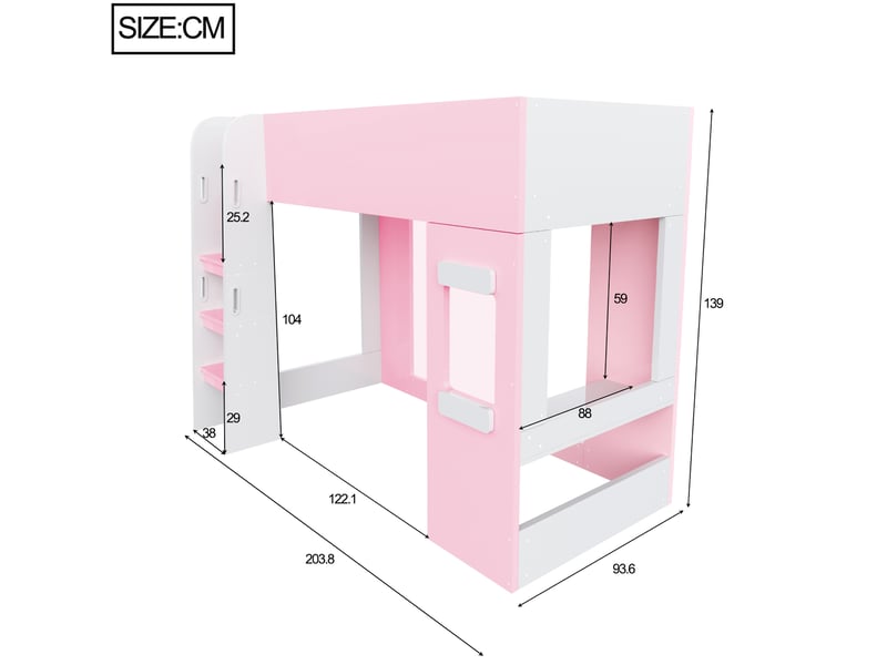  Lit mezzanine modenvie 90 x 200 cm avec bureau, éclairage led, garde-corps et échelle de sécurité rose et blanc  - Conforama C