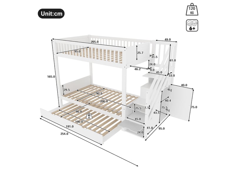  Lit superposé enfant 90x200 cm avec lit gigogne, rangement et armoire blanc  - Conforama C