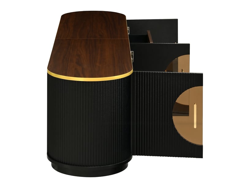  Meuble tv luxe à rainures verticales, verre brun, mdf marron, poignées alu, bords arrondis  - Conforama D