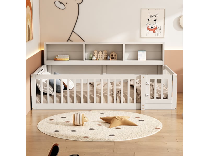Lit banquette blanc 90x200 cm en pin, rangement latéral et garde-corps - Conforama B