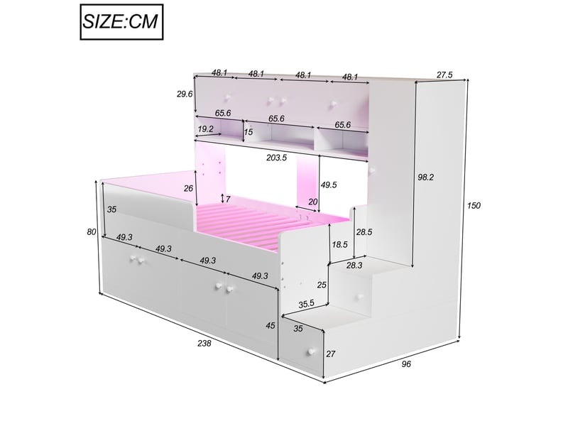  Lit enfant 90x200 cm avec rangements en bois blanc sans matelas  - Conforama E