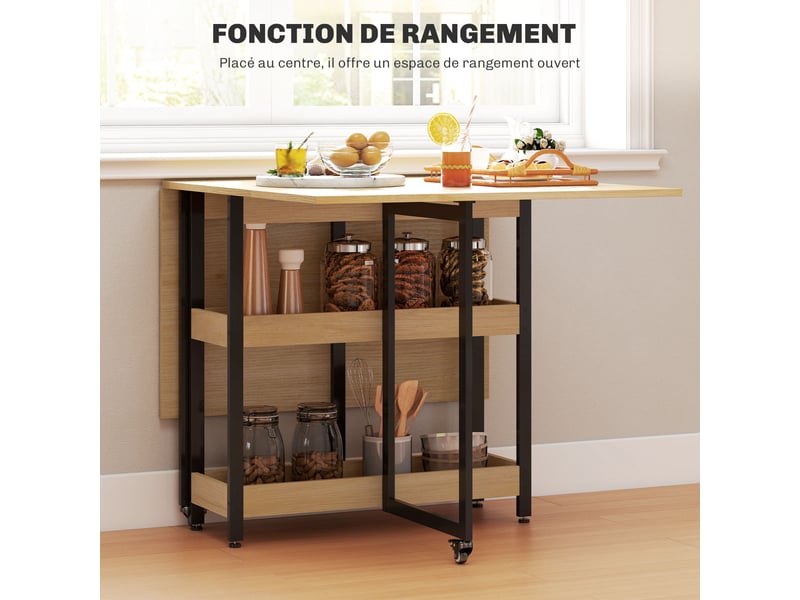  Table à manger pliante sur roulettes 4 personnes avec compartiments ouverts, pour petits espaces, chêne, salle à manger  - Conforama E