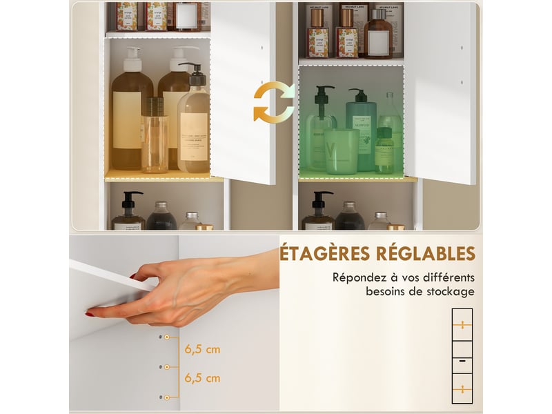Meuble colonne salle de bain, meuble de rangement étroit avec 2 portes, tiroir, blanc, compartiment ouvert - Conforama R