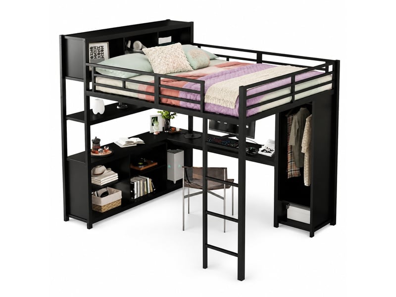  Lit mezzanine enfant 140x200 cm – noir – bureau, armoire intégrée et rangements sur deux niveaux – sans matelas  - Conforama A