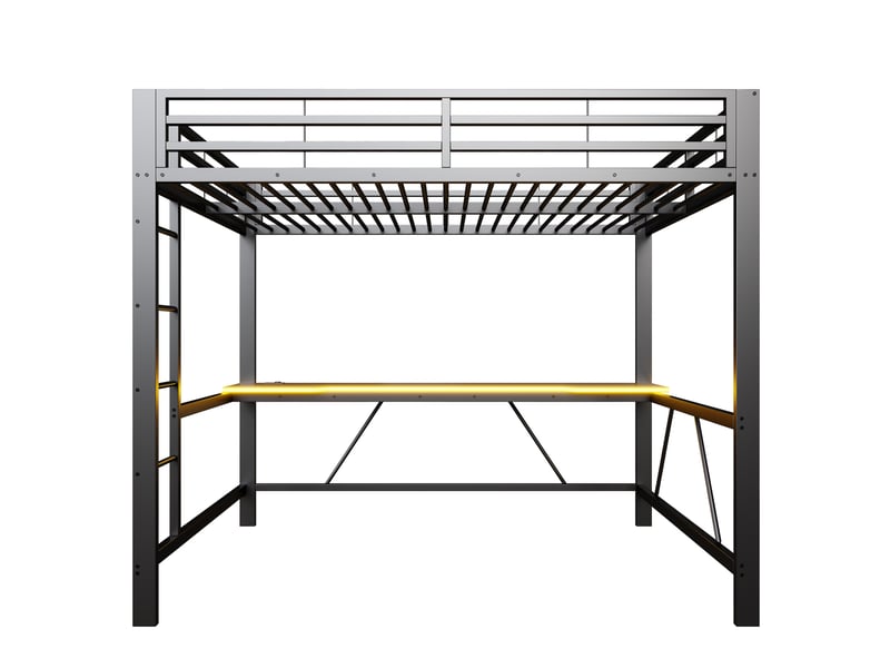 Lit mezzanine noir 160x200 cm en métal avec bureau de jeu, éclairage led, station usb, étagères et barrières de sécurité  - Conforama D