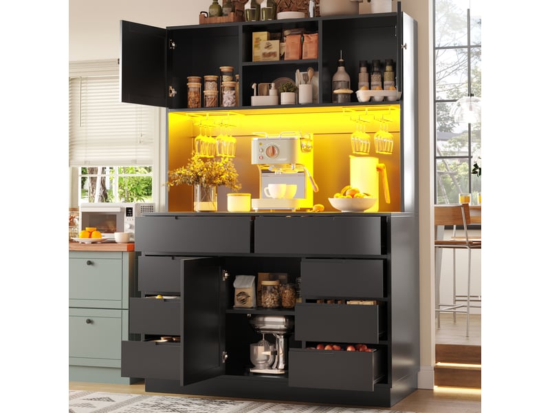  Meuble de cuisine noir avec éclairage à del, 8 tiroirs et étagères réglables, 120 × 40 × 183,5 cm  - Conforama C