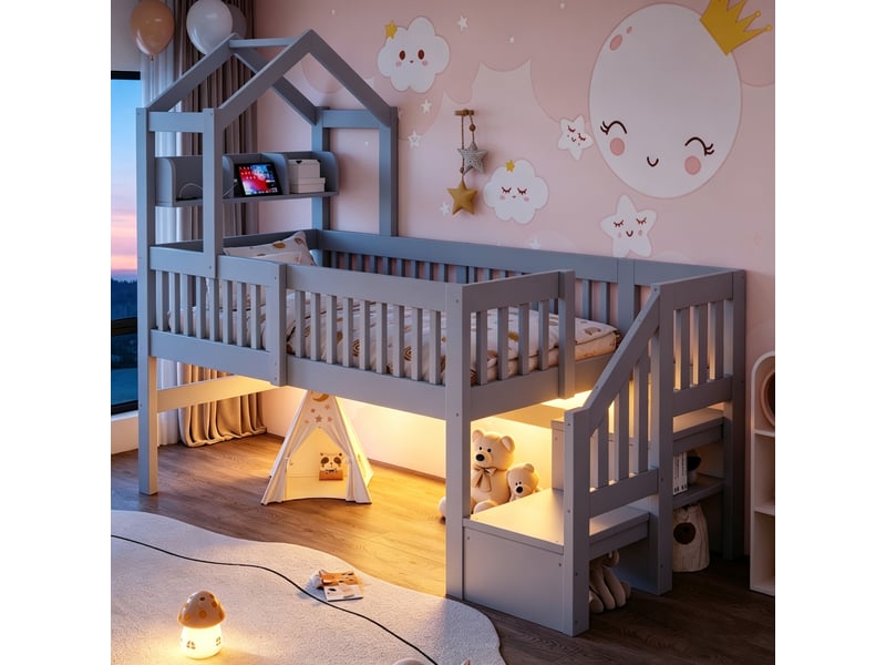  Lit cabane mezzanine enfant 90x200 cm gris en bois avec toit, led, usb, veilleuse, échelle avec rangement et garde-corps Morn Vibe - Conforama B