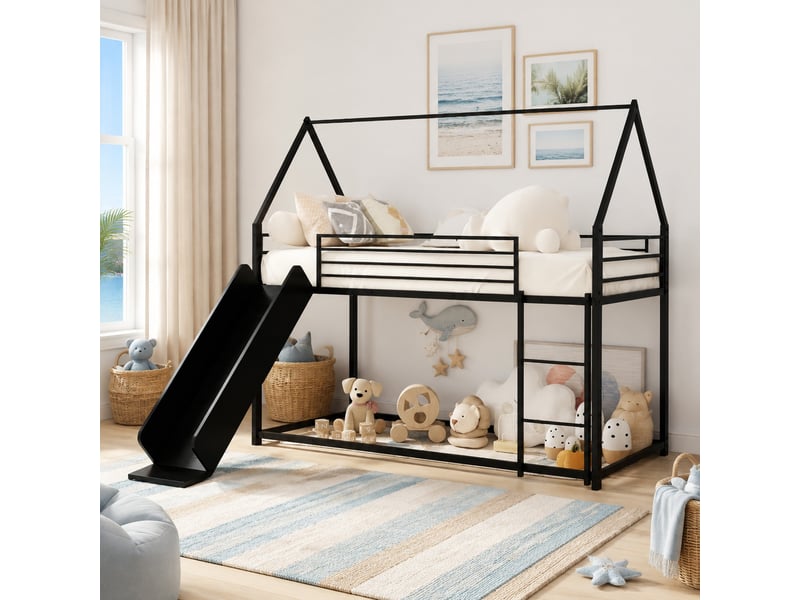  Lit superposé 90×190 cm 2 places avec toboggan, escalier et barrières en métal noir sans matelas  - Conforama B