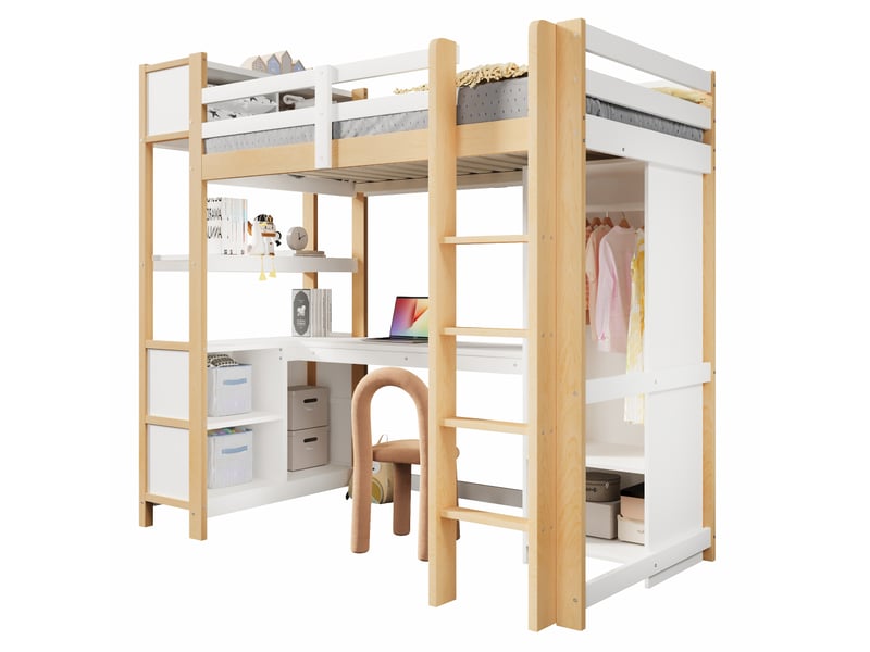  Lit mezzanine, 90 x 200 cm, étagères, nombreux rangements, bureau, armoire, sans matelas, naturel  - Conforama A