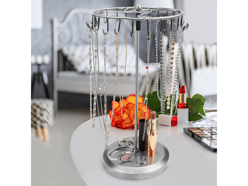  Présentoir à bijoux rotatif en métal argenté (23 crochets) - h 34,8 x l 20,5 cm - colliers, bracelets, boucles d'oreilles  - Conforama E