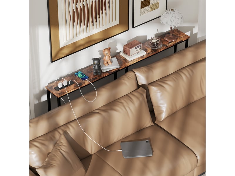  Table console étroite style industriel avec prises de courant et usb, pour salon entrée couloir, marron, 160x20x80cm  - Conforama R