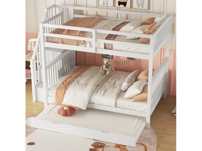  Lit superposé enfant 140x200 cm avec lit gigogne et escalier rangement blanc  - Conforama D