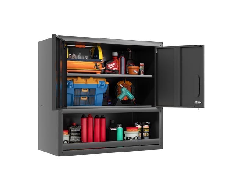  Armoire à outils murale 75 x 30 x 77 cm noire en métal, 2 portes verrouillables et rangement ouvert  - Conforama A