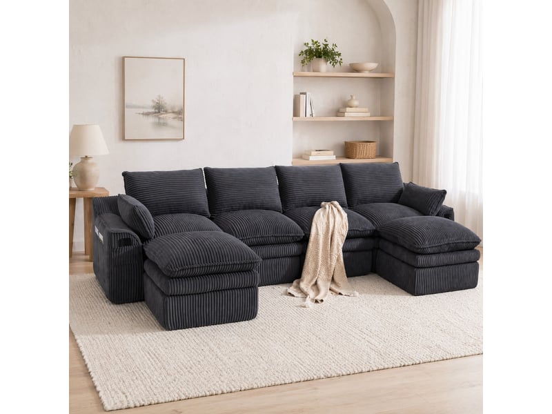  Canapé d'angle modulable 4 places en velours côtelé gris foncé avec 2 poufs et rangements latéraux  - Conforama B