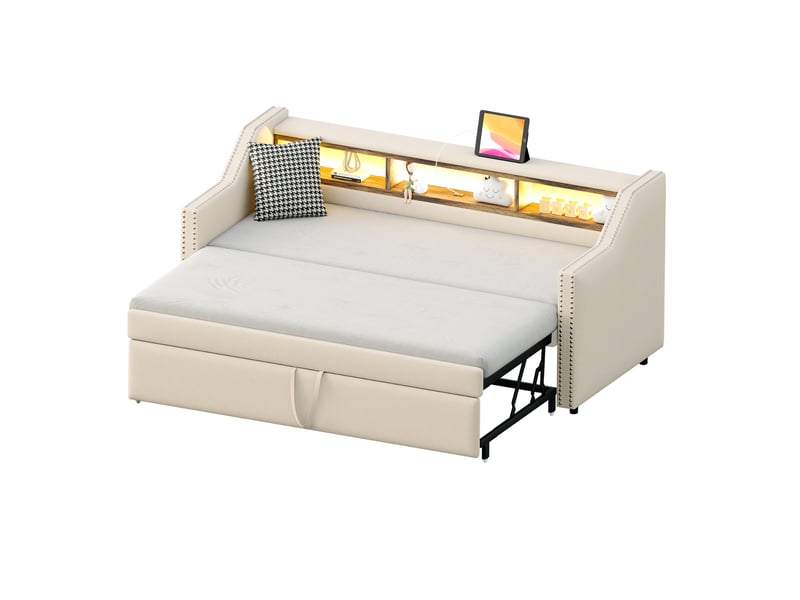  Sofa-lit 90180 x 190 cm avec deux matelas à ressorts, led, usb et coffre, coloris beige pour chambre  - Conforama A