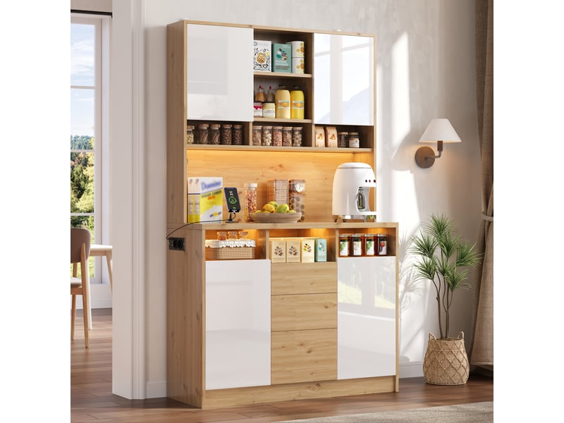 Armoire de cuisine haute 108x40x180cm, prises électriques, usb et led rgb connectée, 4 portes, 3 tiroirs, rangements réglables, blanc et bois - Conforama C