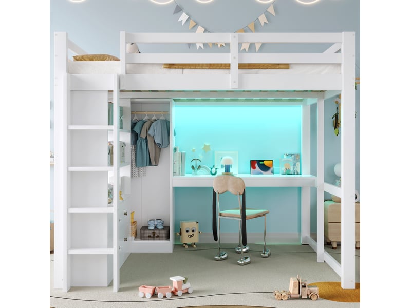  Lit mezzanine, 140x200 cm, avec 2 tiroirs, bureau intégré, led et usb, matelas non inclus, bois et mdf, coloris blanc  - Conforama D