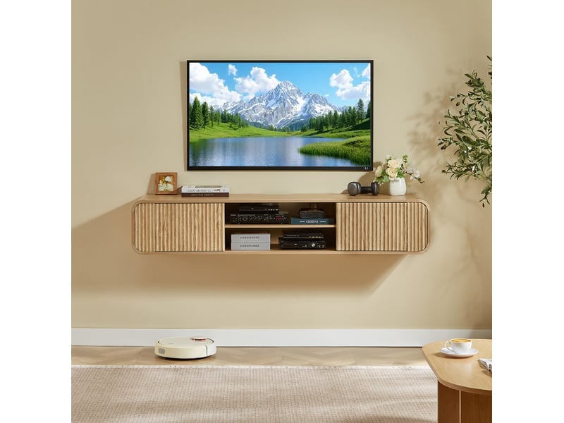 Meuble tv mural avec 2 portes et 2 niches, passe-câbles et angles arrondis pour salon en panneau de particules naturel - Conforama E
