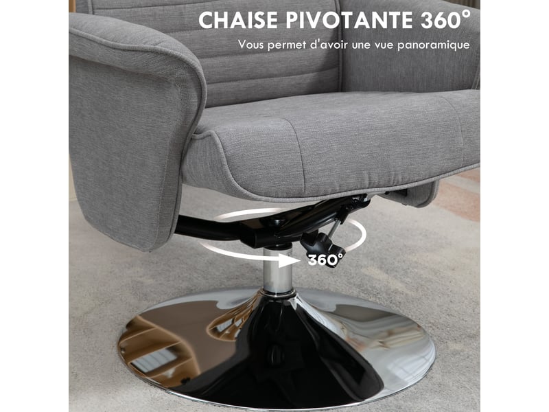  Fauteuil relax inclinable à 135° pivotant 360° avec repose-pieds tissu gris  - Conforama E