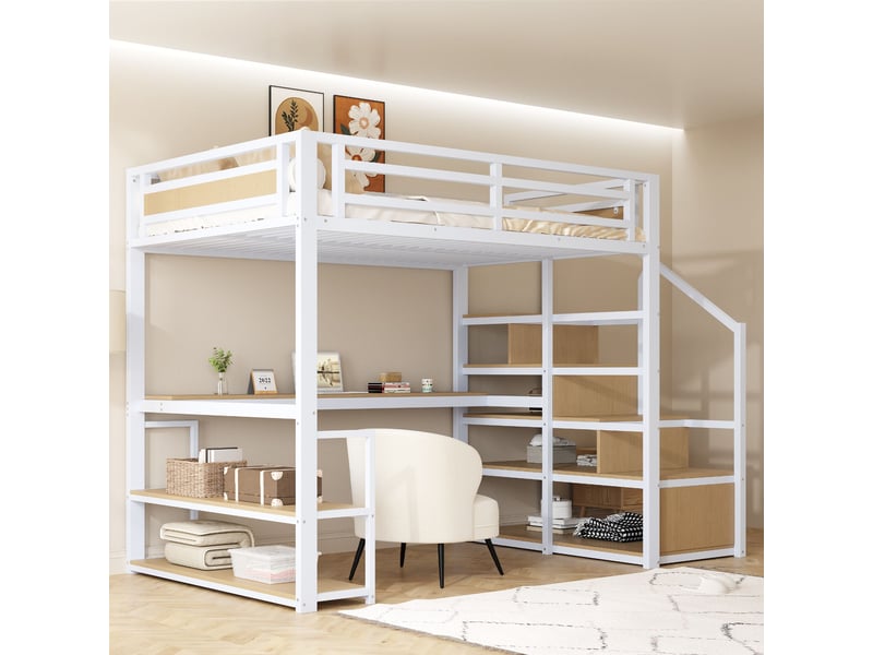  Lit mezzanine blanc 140x200cm avec escalier rangement, table et étagères, gain de place, pratique - fer et mdf - pour enfant ado  - Conforama C