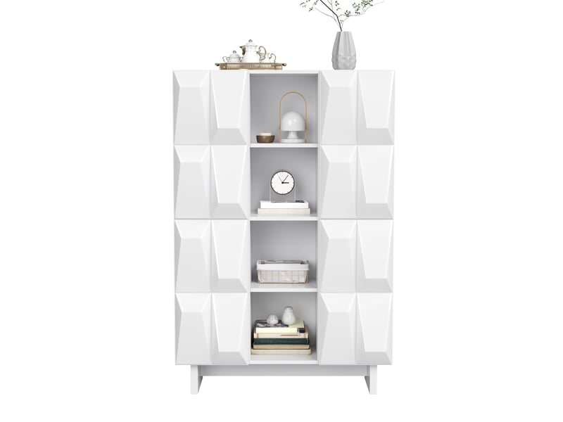  Buffet de rangement 90,5x34x135,5 cm, 4 portes, 12 compartiments, façades en relief, niches ouvertes pour entrée - blanc  - Conforama A