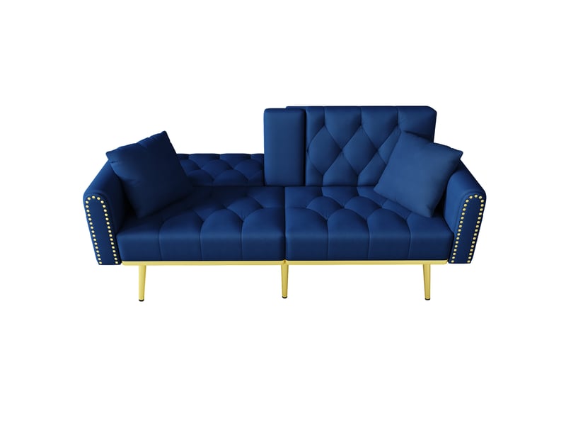  Canapé convertible 2 places bleu velours, structure bois massif et métal, design contemporain pour salon  - Conforama A