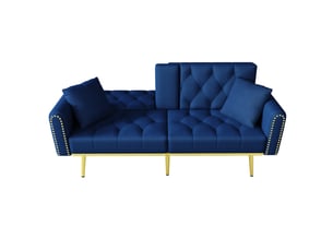 Canapé convertible 2 places bleu velours, structure bois massif et métal, design contemporain pour salon