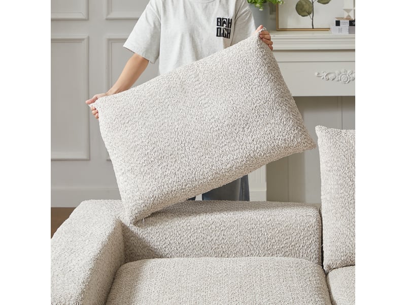  Canapé d’angle, en chenille, éléments courbes et chaise longue, compressé sans cadre, mousse, 80x250x160 cm, beige  - Conforama E