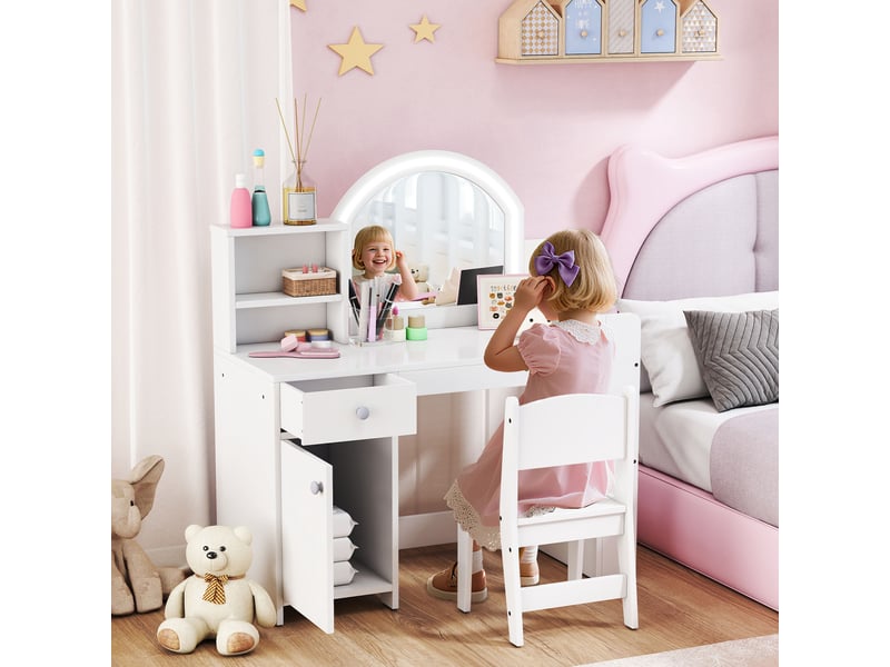  Coiffeuse pour enfants avec tabouret et miroir led, table de maquillage pour 3 à 8 ans, 88,6 x 38,8 x 96,9 cm, blanc  - Conforama A