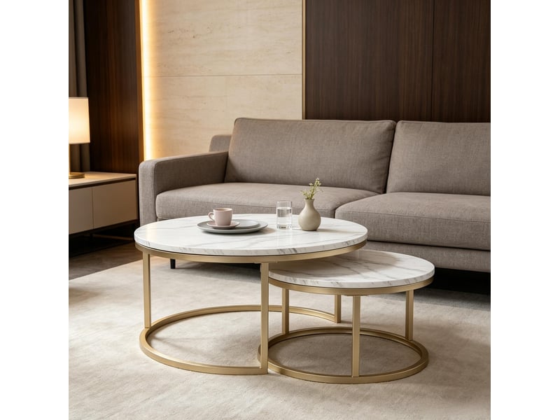  Table basse ronde gigogne 80 x 80 x 45 cm et 60 x 60 x 35 cm en mdf et métal, empilable pour rangement, blanc chicfurn  - Conforama C